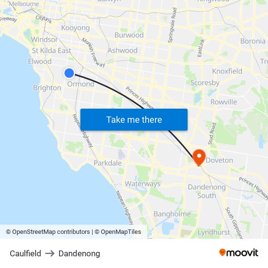 Caulfield to Dandenong map