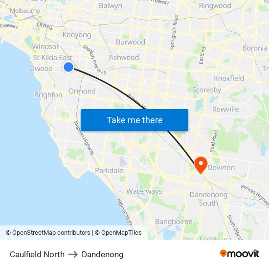 Caulfield North to Dandenong map