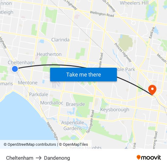 Cheltenham to Dandenong map