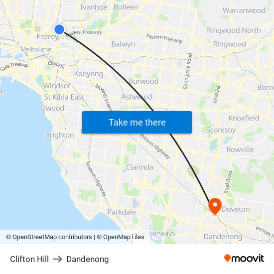 Clifton Hill to Dandenong map