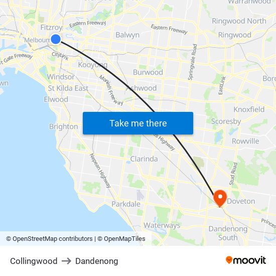 Collingwood to Dandenong map