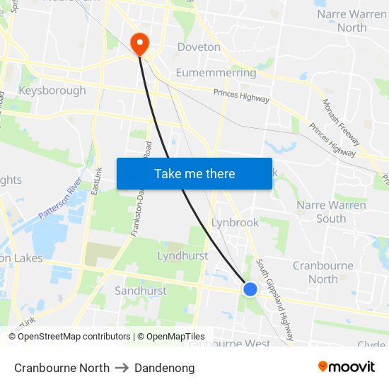 Cranbourne North to Dandenong map