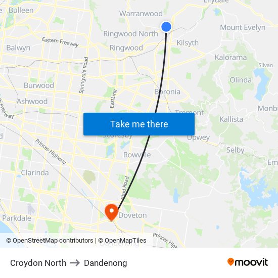 Croydon North to Dandenong map