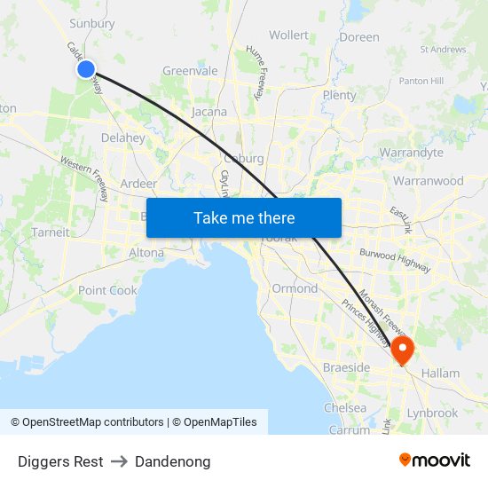 Diggers Rest to Dandenong map
