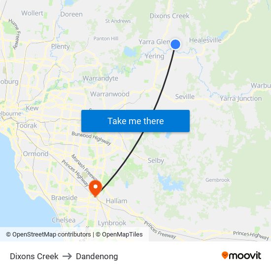 Dixons Creek to Dandenong map