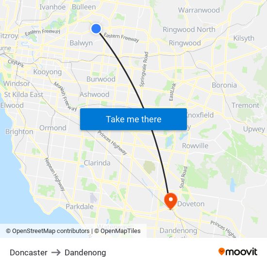 Doncaster to Dandenong map