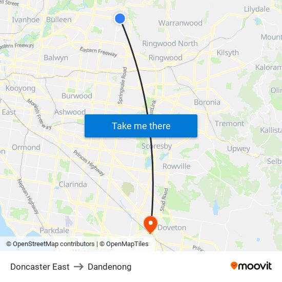 Doncaster East to Dandenong map