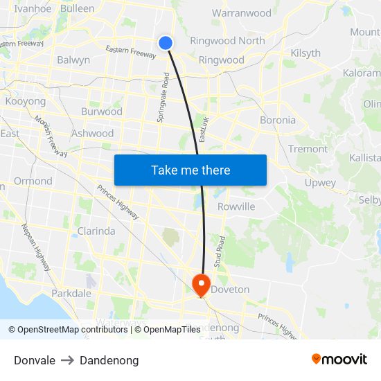 Donvale to Dandenong map