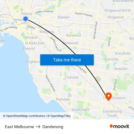 East Melbourne to Dandenong map