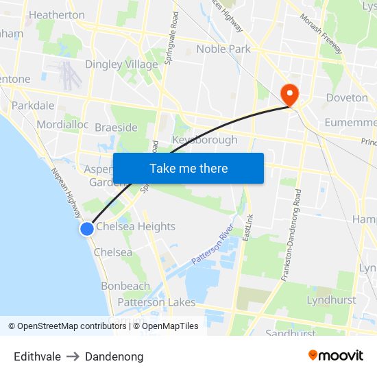 Edithvale to Dandenong map