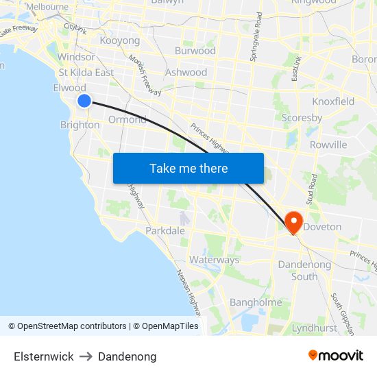 Elsternwick to Dandenong map