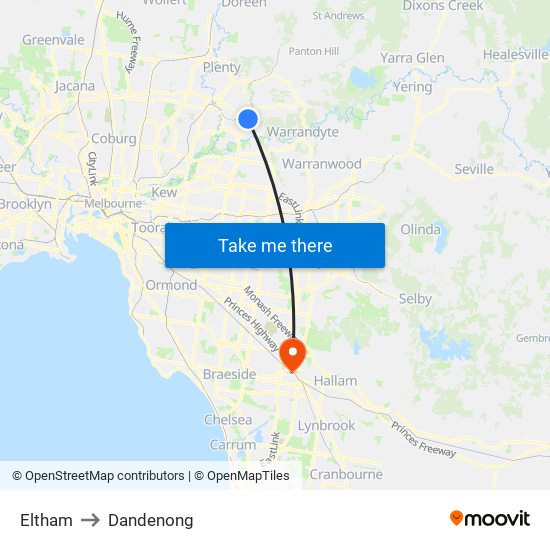 Eltham to Dandenong map