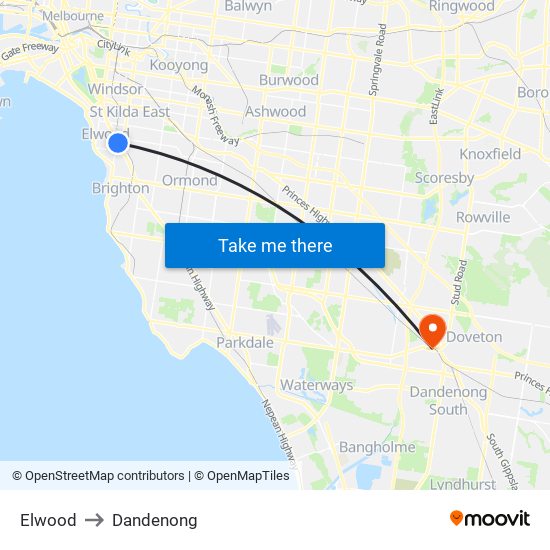 Elwood to Dandenong map