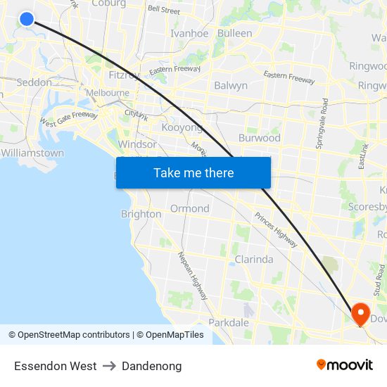 Essendon West to Dandenong map