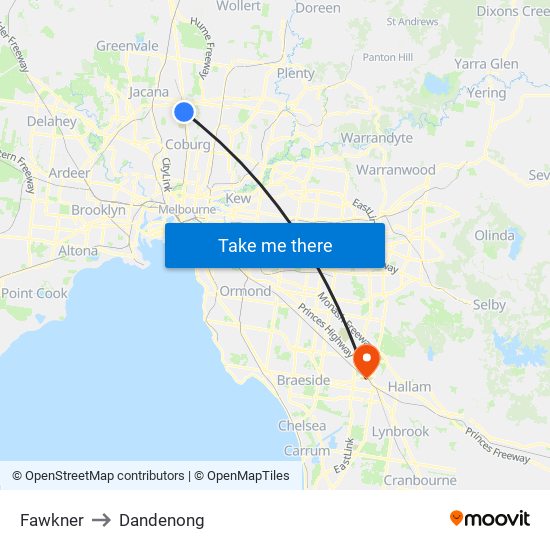 Fawkner to Dandenong map