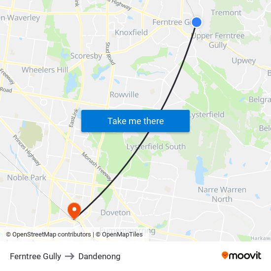 Ferntree Gully to Dandenong map