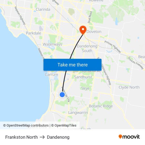 Frankston North to Dandenong map