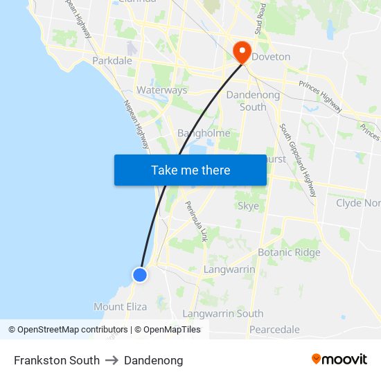 Frankston South to Dandenong map