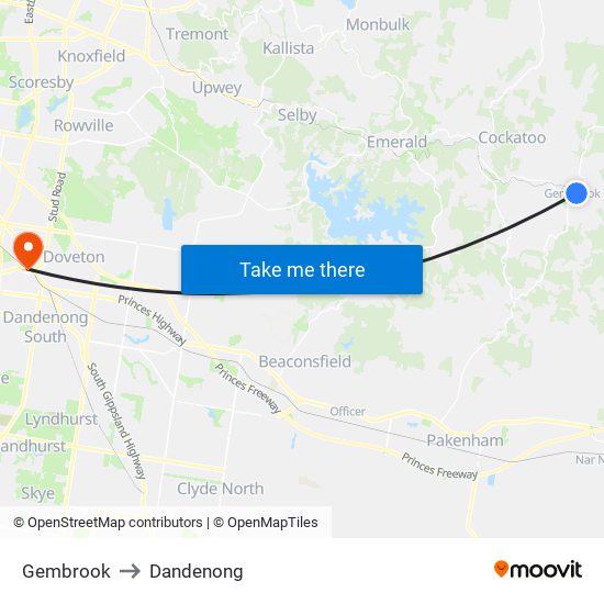 Gembrook to Dandenong map