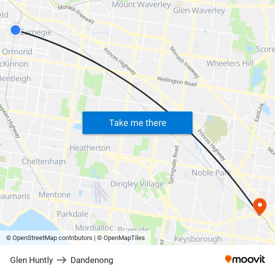 Glen Huntly to Dandenong map