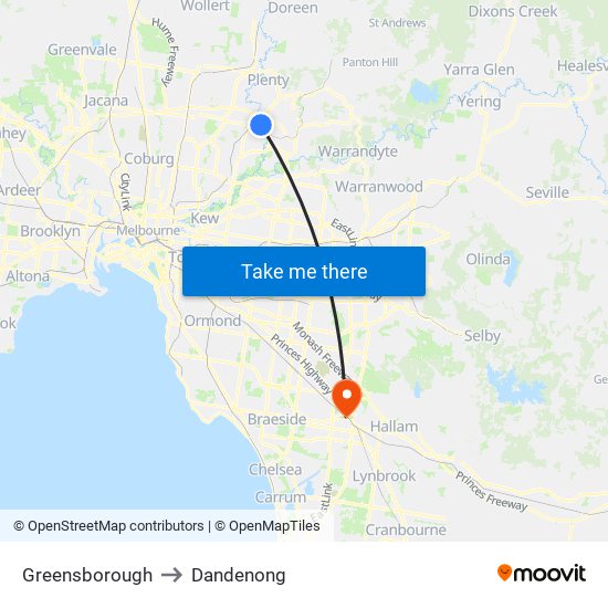 Greensborough to Dandenong map