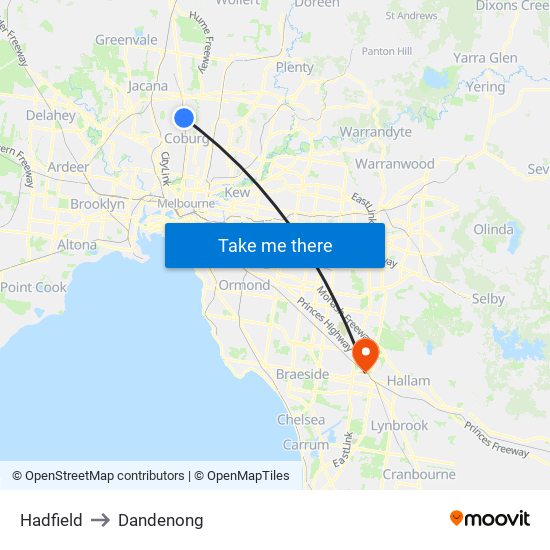 Hadfield to Dandenong map