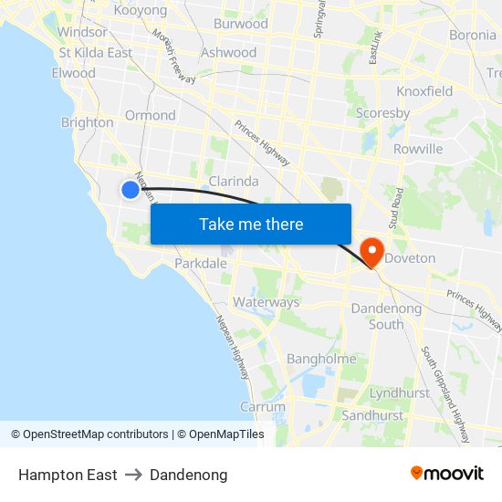 Hampton East to Dandenong map