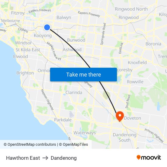 Hawthorn East to Dandenong map