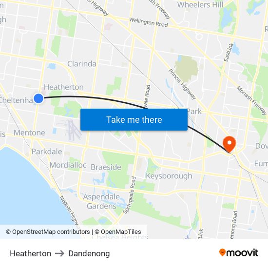 Heatherton to Dandenong map