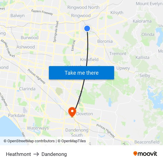 Heathmont to Dandenong map