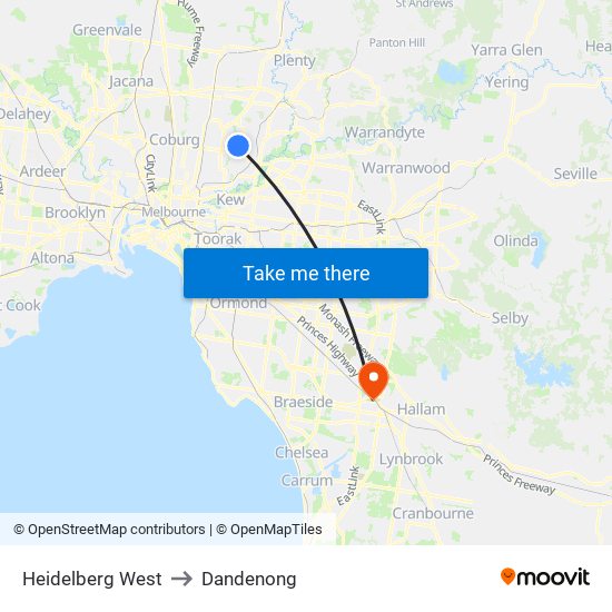 Heidelberg West to Dandenong map