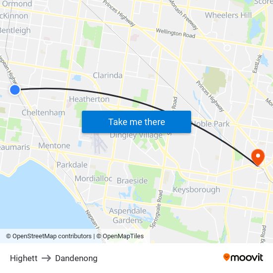 Highett to Dandenong map