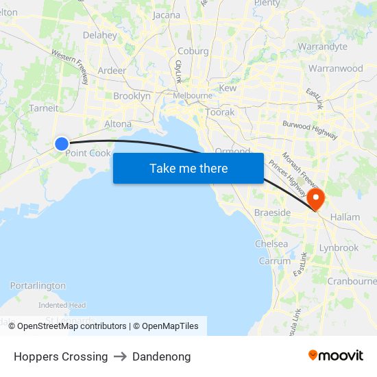 Hoppers Crossing to Dandenong map