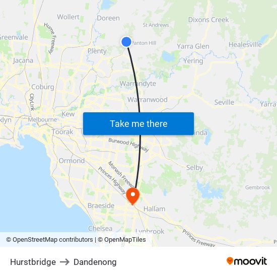 Hurstbridge to Dandenong map