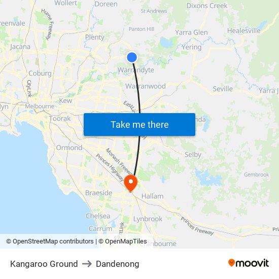 Kangaroo Ground to Dandenong map