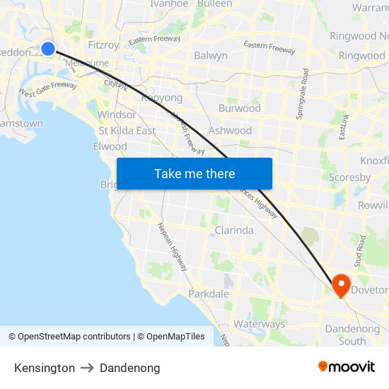 Kensington to Dandenong map