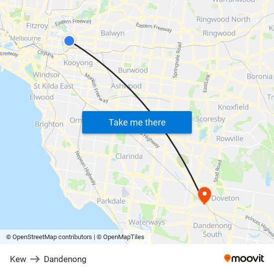Kew to Dandenong map