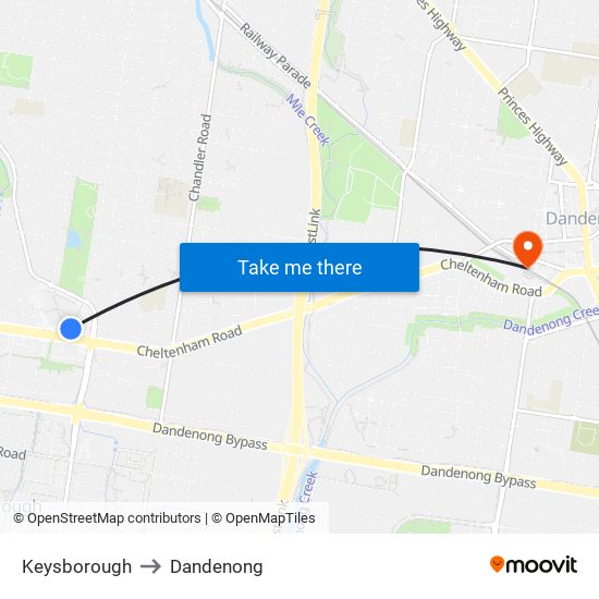 Keysborough to Dandenong map