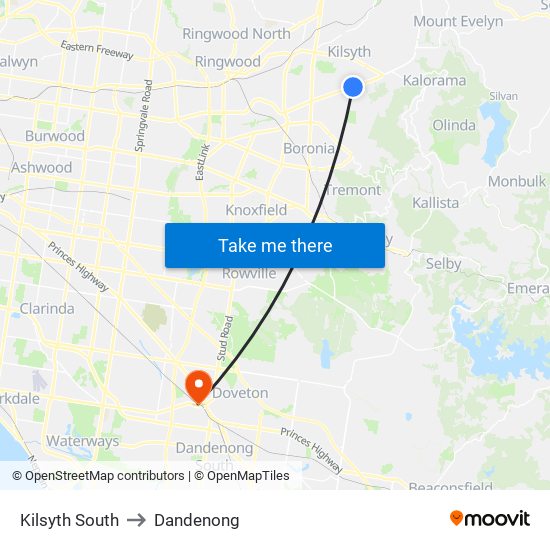 Kilsyth South to Dandenong map