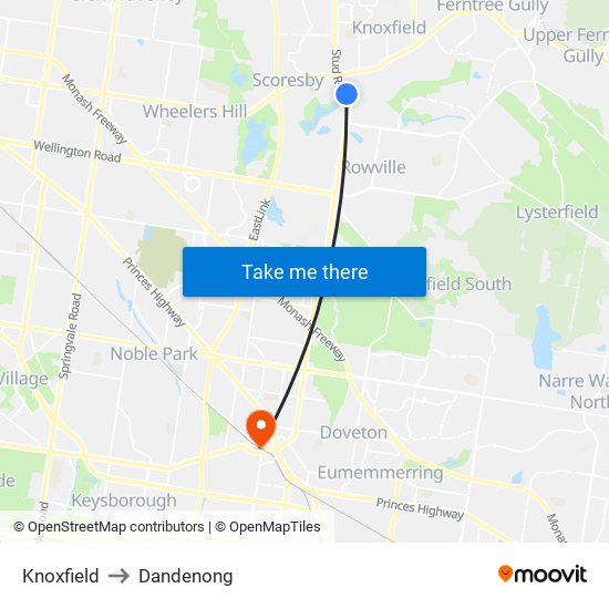 Knoxfield to Dandenong map