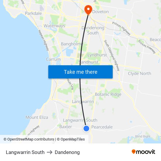 Langwarrin South to Dandenong map