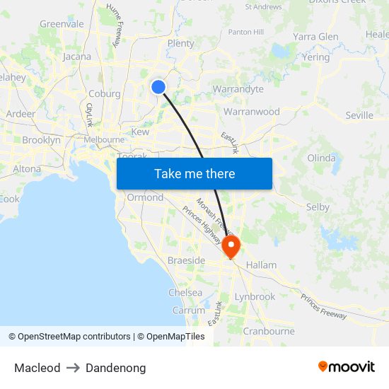 Macleod to Dandenong map