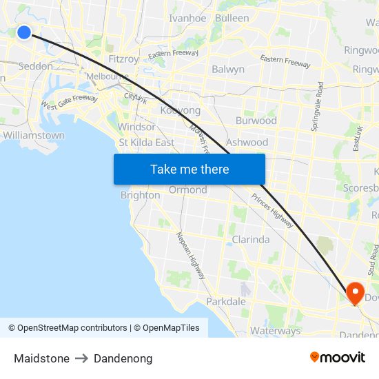 Maidstone to Dandenong map