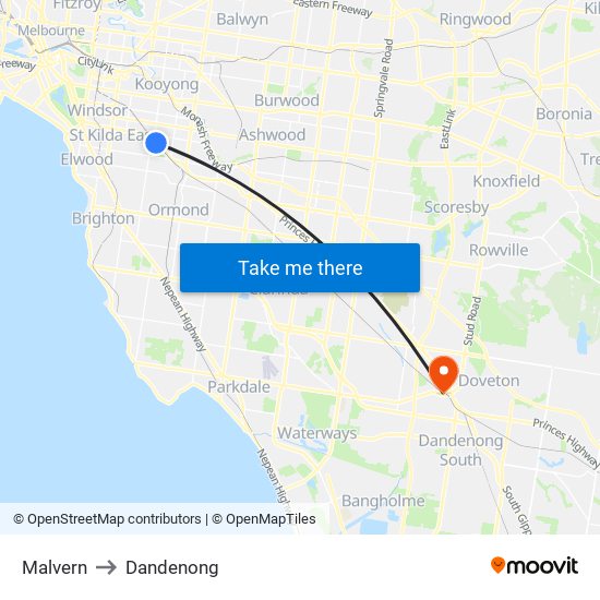 Malvern to Dandenong map