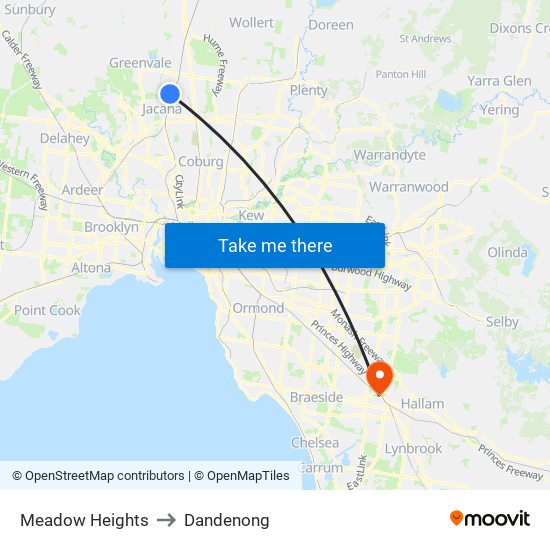 Meadow Heights to Dandenong map