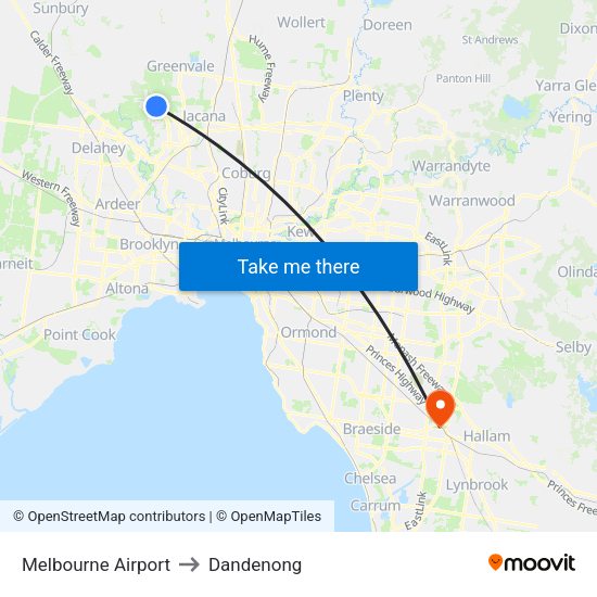 Melbourne Airport to Dandenong map