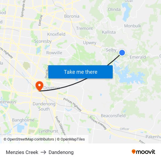 Menzies Creek to Dandenong map