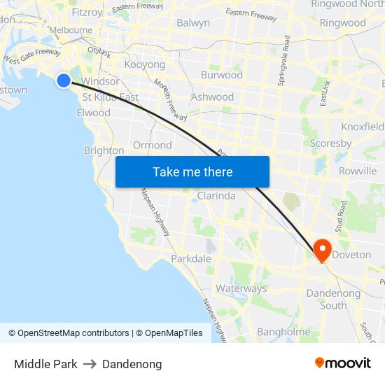 Middle Park to Dandenong map