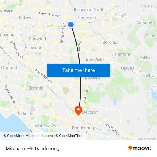 Mitcham to Dandenong map