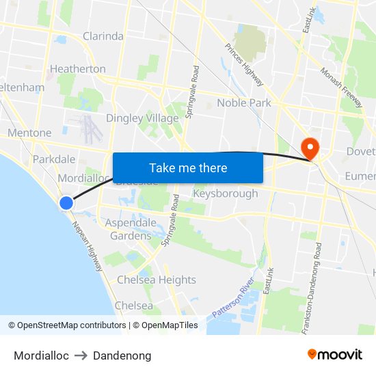 Mordialloc to Dandenong map